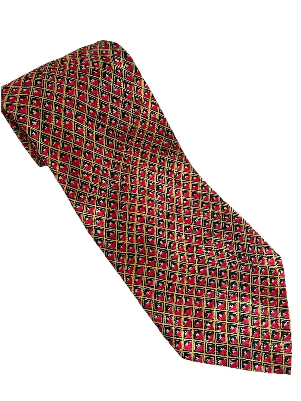 Brioni Roma Silk Tie Made in Italy Geometric Diamond Pattern Red Gold Black